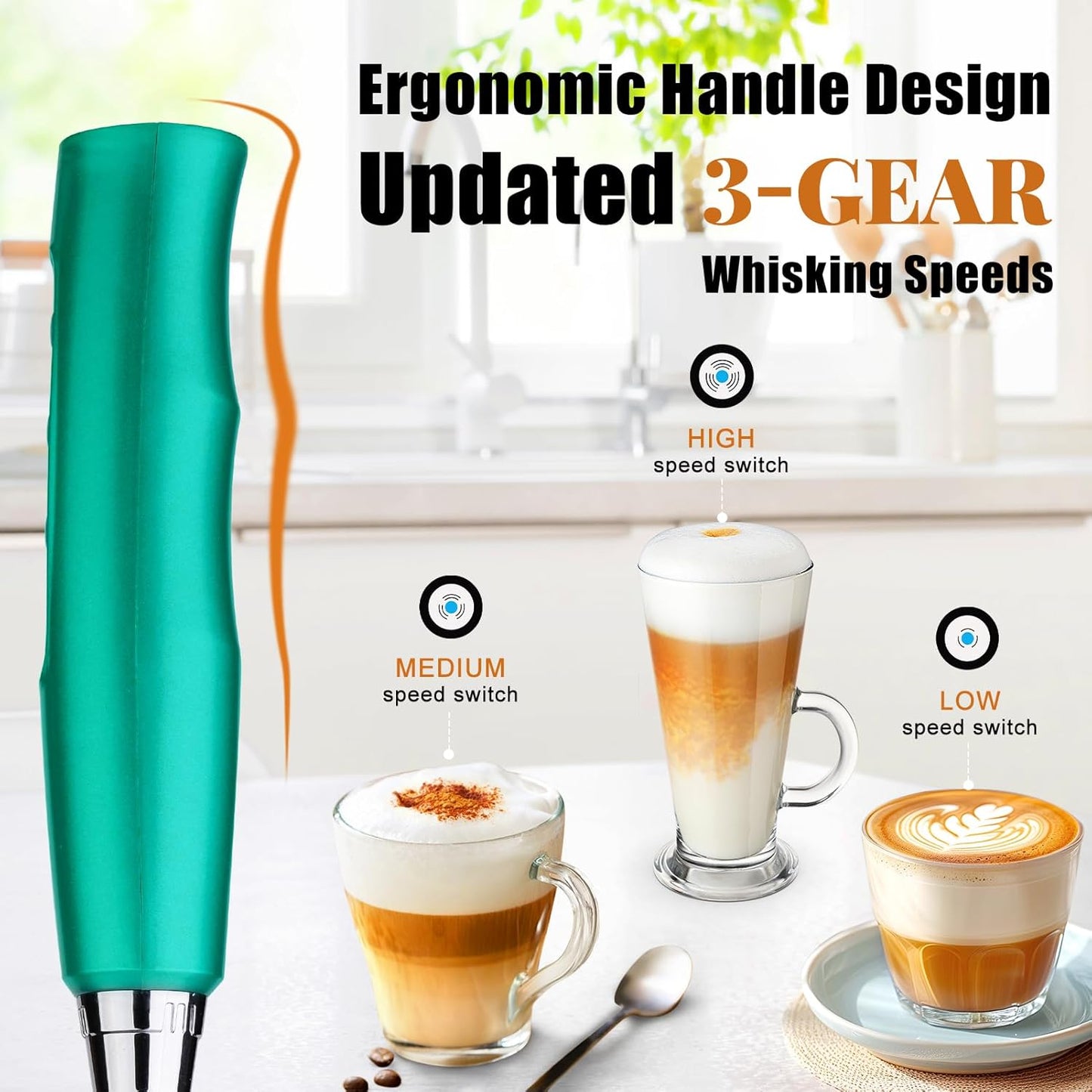 Nahida Turquoise Milk Frother Wand for Coffee, Frother Handheld Rechargeable Electric Whisk with 3 Heads 3 Speeds Drink Mixer Coffee Frother Foam Maker For Latte, Cappuccino, Hot Chocolate, Egg
