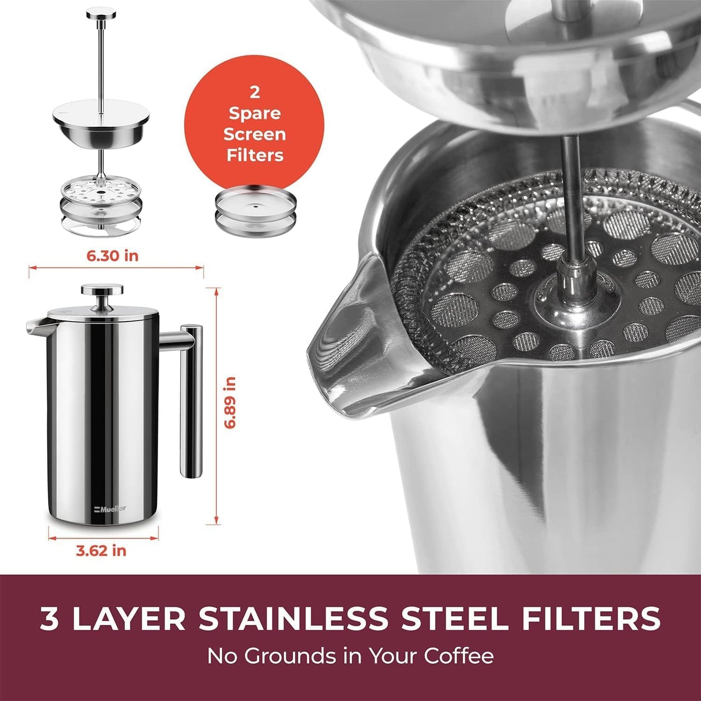 MuellerLiving French Press Coffee Maker 20oz, Stainless Steel French Press Coffee, 4 Filter Heat Resistant Double Insulated, Rust-Free, Food Grade, Dishwasher Safe Coffee Pot