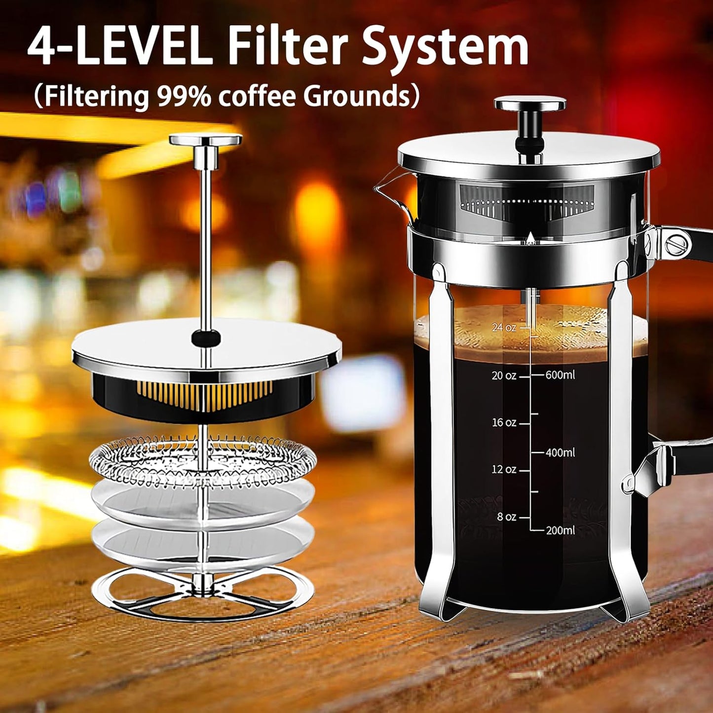 French Press Coffee Maker 304 Stainless Steel Coffee Press,with 4 Filters System, Heat Resistant Thickness Borosilicate French Press Glass, BPA-Free Brewed Tea Pot Coffee Plunger