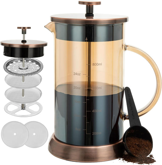 34 Ounce French Press Coffee Maker, 5-Cup Espresso Coffee Maker, Copper Cold Brew Heat Resistant Thickened Borosilicate Coffee Pot with 4 Stainless Steel Filter Screens
