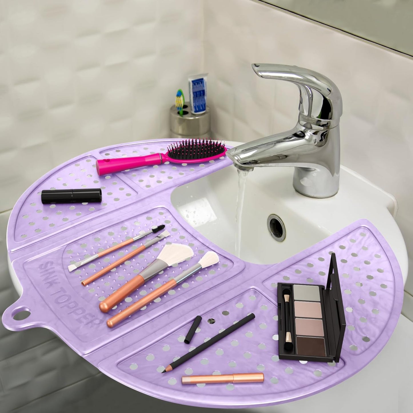 Sink Topper Bathroom Counter Cover & Storage Saver, Foldable Silicone Mat for Hot Tools, Hair Styling & Makeup, Beauty Brush Cleaning Mat, RV Camper Sink Cover & for Small Spaces (Standard Lavender)