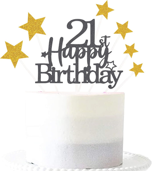 Glittery 21st Happy Birthday Cake Topper with Star,Personalised 21 Birthday Cake Toppers Party Decorations Party Supplies for Boys Girls Black Gold