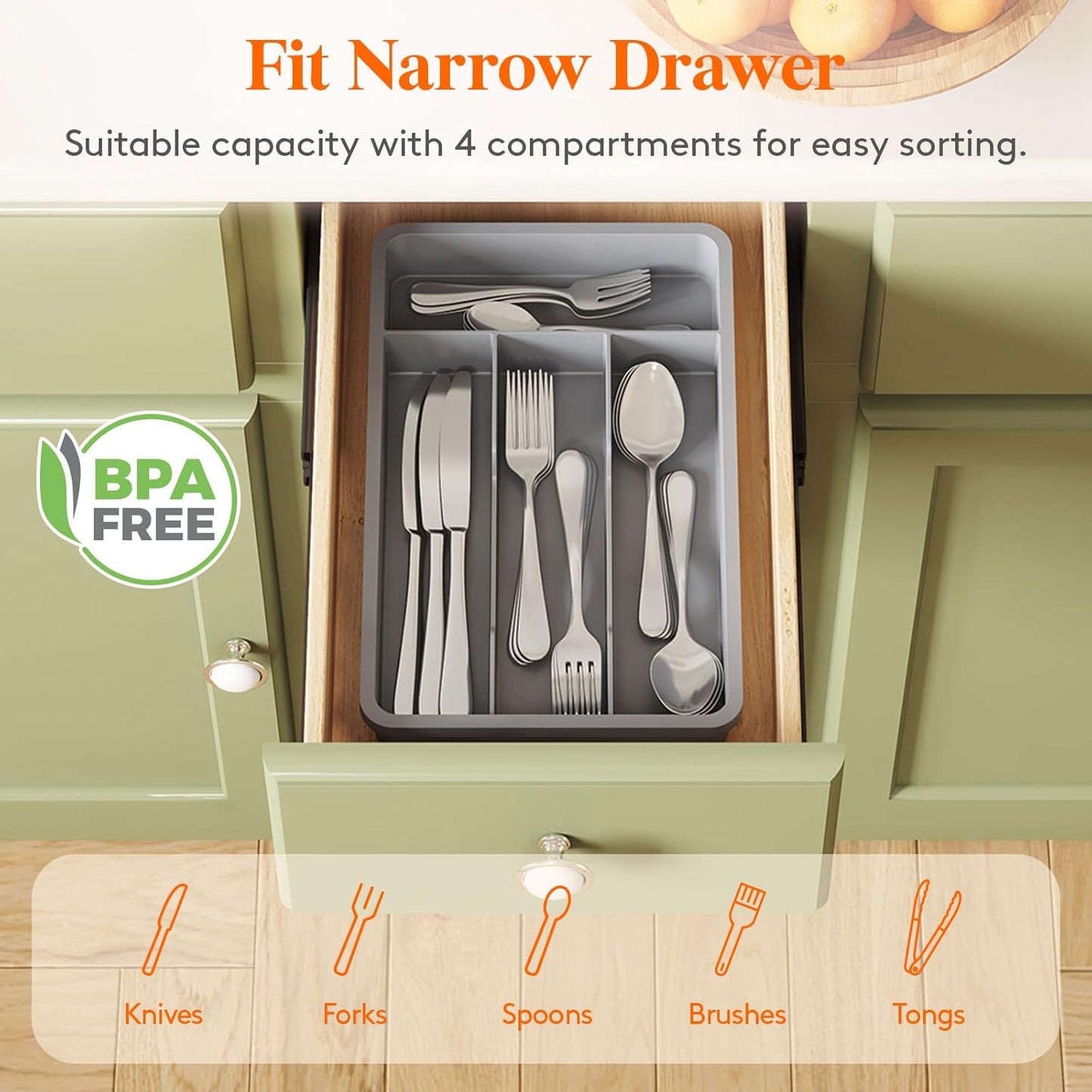 Lifewit Silverware Tray, Cutlery Drawer Organizer Storage for Kitchen, Plastic Flatware Utensil Holder Divider for Spoons Forks Knives Tableware, 4 Compartment, Gray
