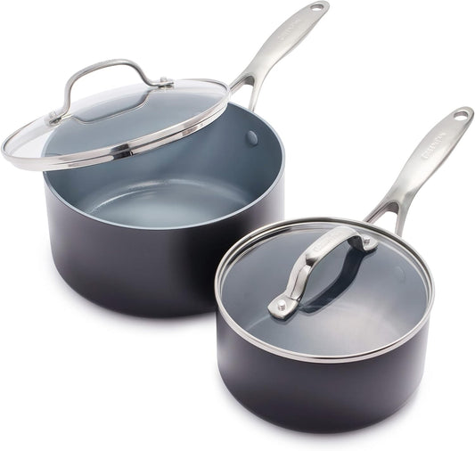 GreenPan Valencia Pro Hard Anodized Healthy Ceramic Nonstick 1.66QT and 3.3QT Saucepan Pot Set with Lids, PFAS-Free, Induction, Dishwasher and Oven Safe, Gray