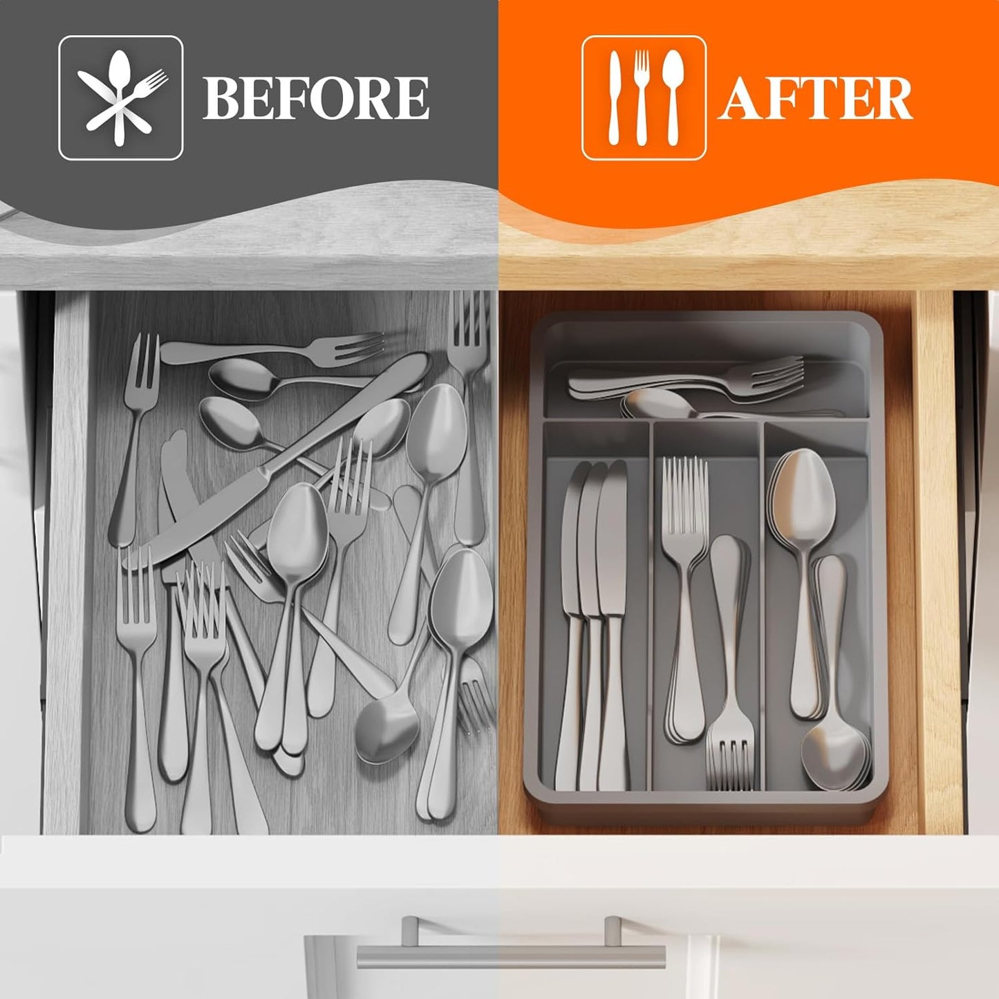 Lifewit Silverware Tray, Cutlery Drawer Organizer Storage for Kitchen, Plastic Flatware Utensil Holder Divider for Spoons Forks Knives Tableware, 4 Compartment, Gray