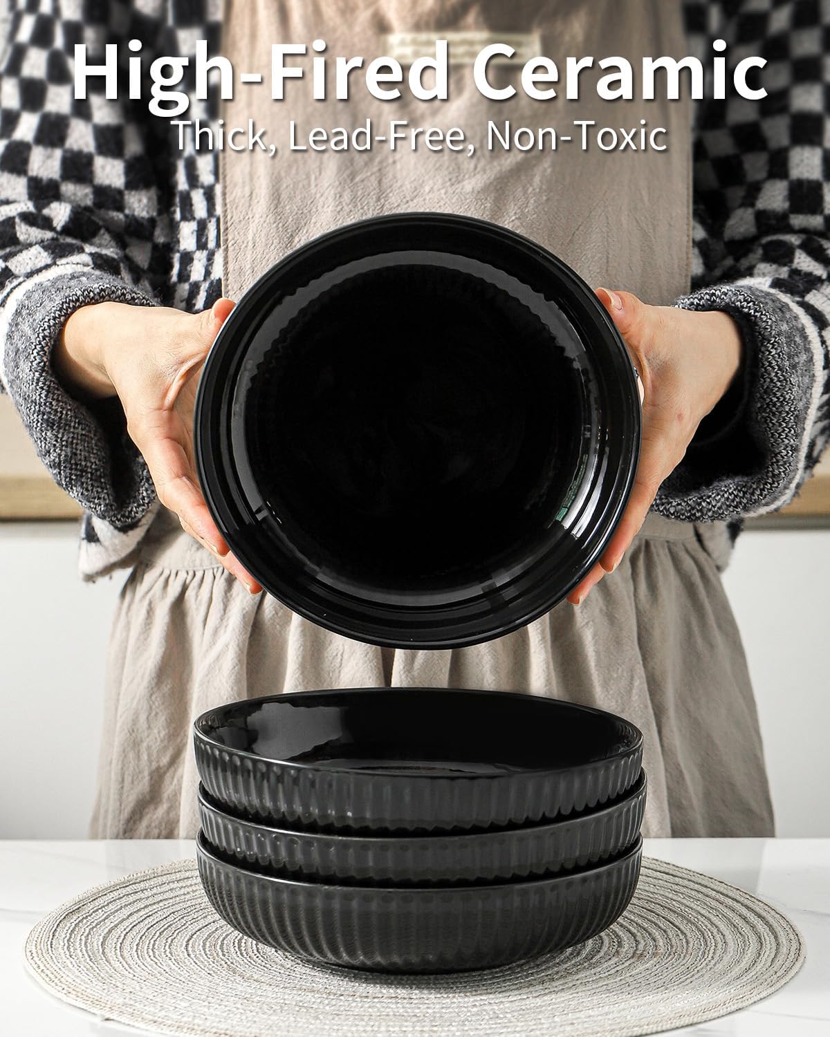 Hasense Pasta Bowls Set of 4, 30 oz Porcelain Dinner Bowls, Salad Bowls for Kitchen, Wide and Shallow Plates, Ideal Home Decor for Mother's Day Present, Microwave & Dishwasher, Oven Safe, Black