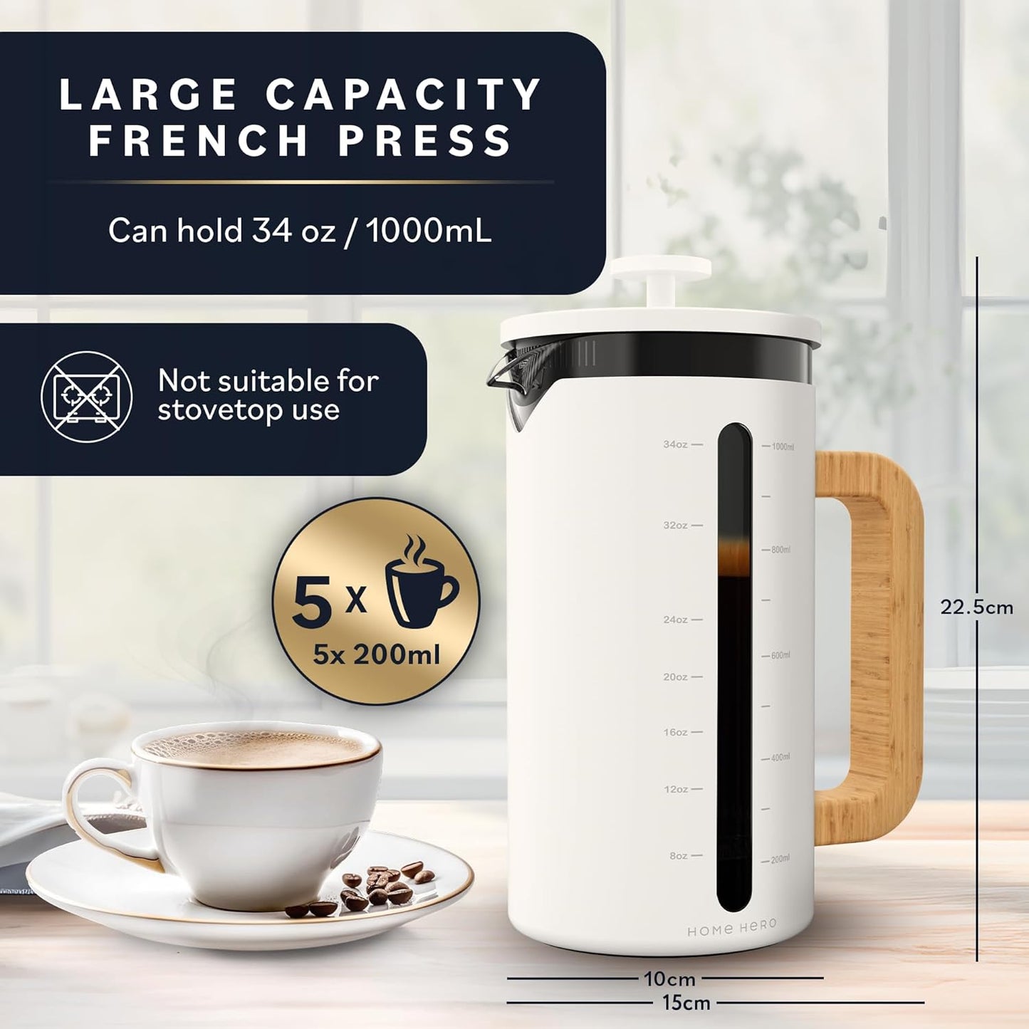 Home Hero French Press Coffee Maker - 34 oz Coffee Press with Bamboo Wood Handle, Heat Resistant Thick Borosilicate Glass French Presses, 4 Layer Filter, French Press Stainless Steel (Light Cream)