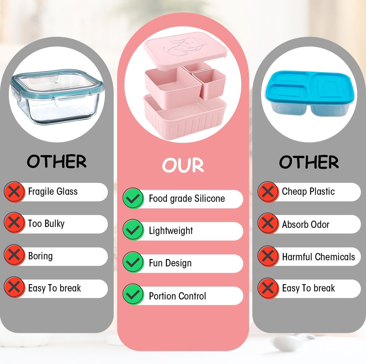 Bento Lunch Box for Kids-Reusable Silicone Kids Bento Box Lunch Container Leakproof Lunchbox Meal Prep Food Storage Containers with 3 Removable Compartments–Dishwasher Safe/BPA Free/Portion Control