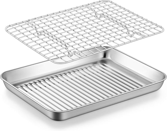 TeamFar 10.5'' Stainless Steel Compact Baking Pan Toaster Oven Tray with Cooling Rack, Corrugated Bottom & Grid Mesh Rack, Non-Toxic & Heavy-Duty