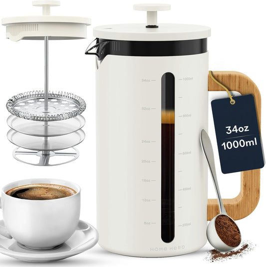 Home Hero French Press Coffee Maker - 34 oz Coffee Press with Bamboo Wood Handle, Heat Resistant Thick Borosilicate Glass French Presses, 4 Layer Filter, French Press Stainless Steel (Light Cream)