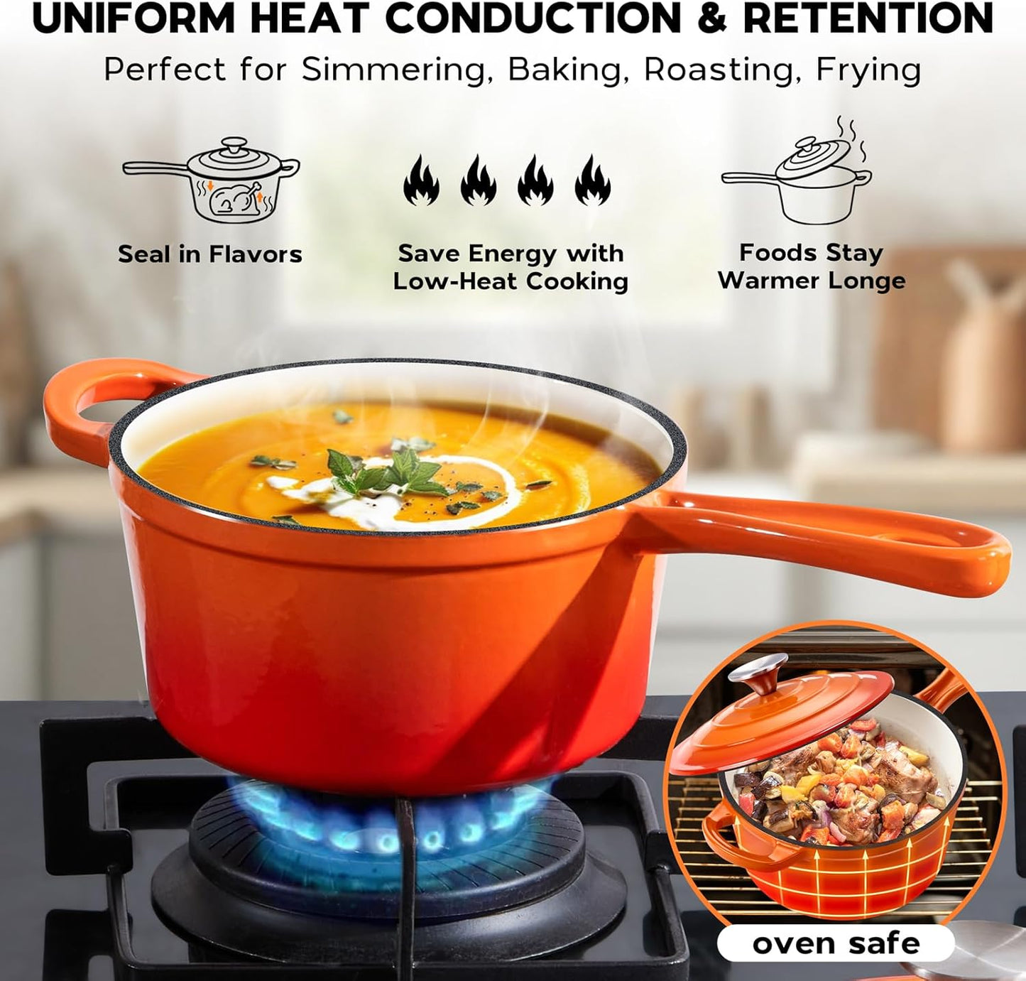 2 Quart Saucepan with Lid, Onader Enameled Cast Iron Sauce Pan, Small Cooking Sauce Pot, Enamel Dutch Oven Pot Nonstick – Sunset Orange