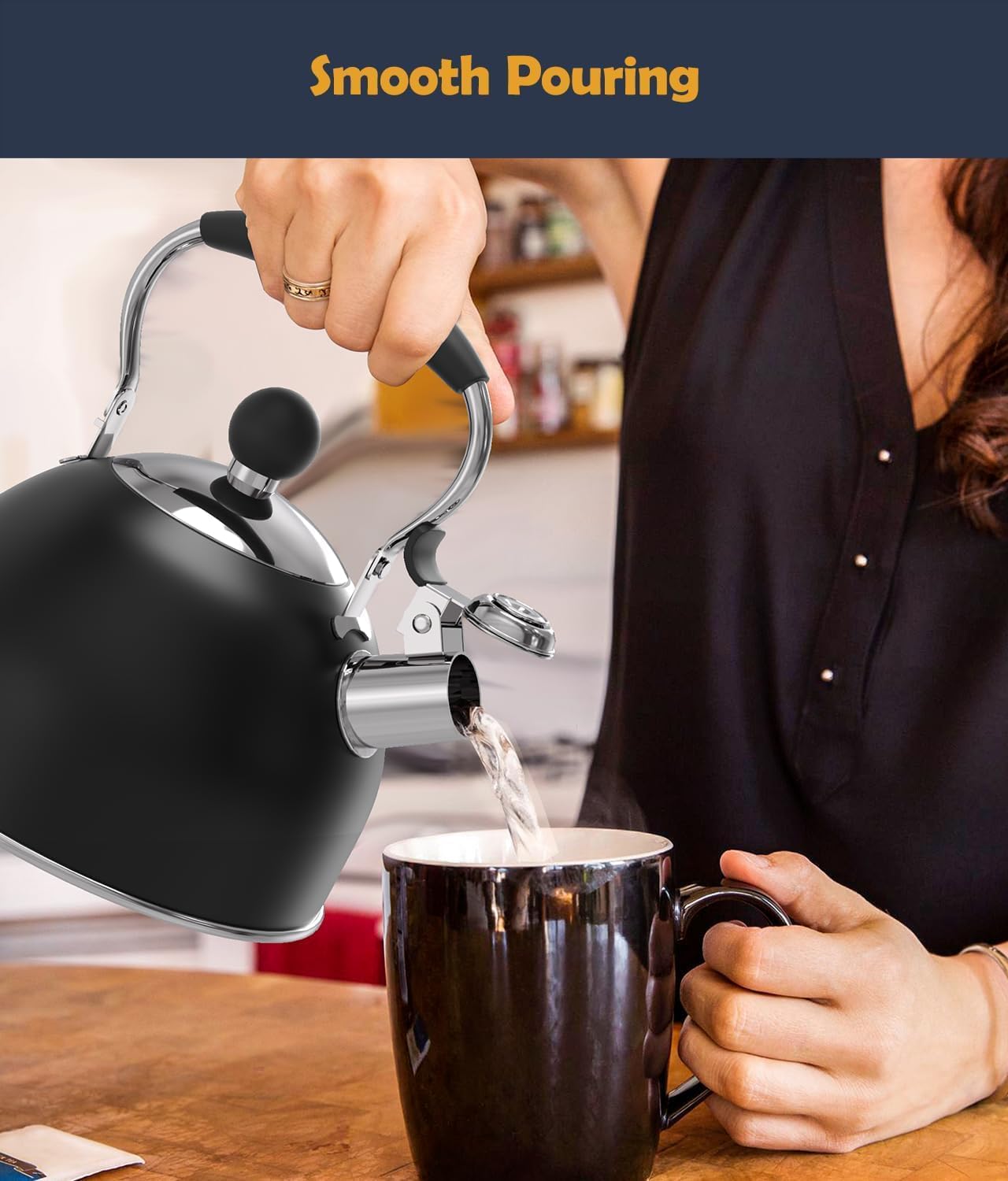 Tea Kettle, 2 Quart Stainless Steel Whistling Tea Kettle, Stovetop Whistling Teakettle Tea Pots for Stove Top with Ergonomic Folding Handle, Small Teapot, Water boiler for Tea, Coffee (Black)