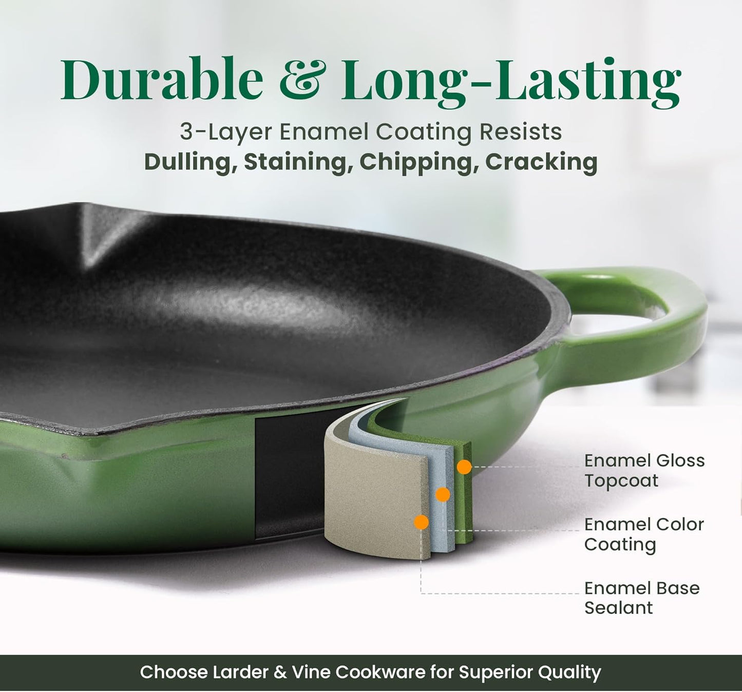 Larder & Vine Enameled Cast Iron Skillet | 10.25 inch Cast Iron Pan | Saute Pan with Pour Spouts | Enamel Coated Cast Iron Skillet | Compatible on All Cooktops & Oven Safe to 500° F | Okra