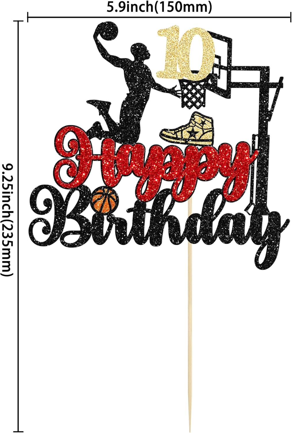 1Pc 10th Birthday Basketball Cake Topper Glitter Basketball Sports Theme Cake Pick for Baby Shower 10th Birthday Cake Decorations Party Supplies Black