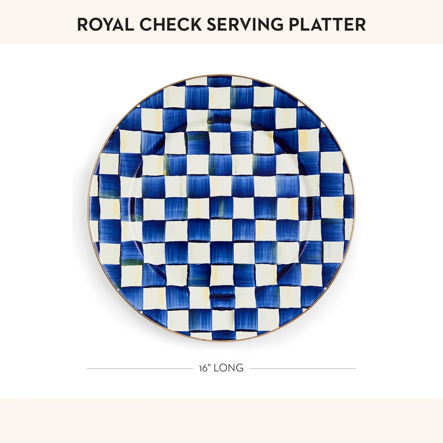 MACKENZIE-CHILDS Enamel Serving Platter, Decorative Serving Platter for Food, 16 Inches, Blue-and-White Royal Check