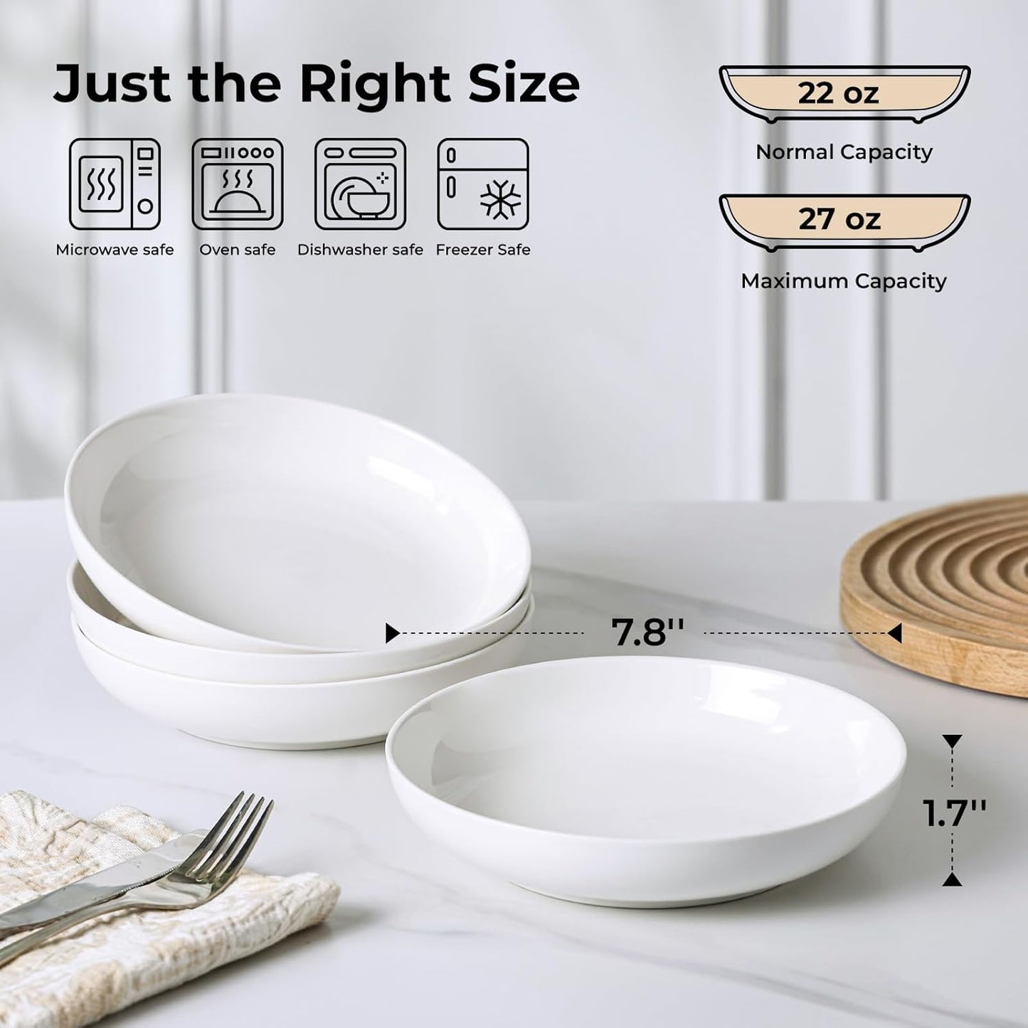 Y YHY Pasta Bowls, 27 Ounces Salad Bowls, Ceramic Serving Bowl Set of 4, 7.8 Inch Porcelain Pastes for Serving Dinner and Salad，Wide and Shallow Bowls Set, Microwave and Dishwasher Safe, White