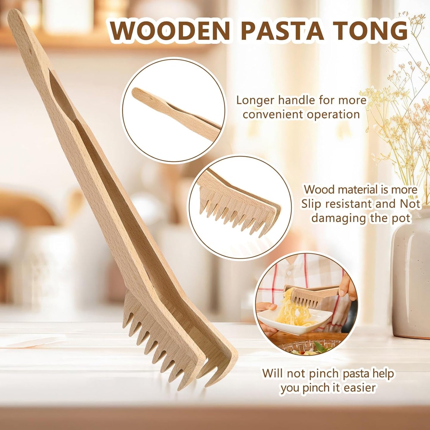 Baderke 2 Pcs Wooden Pasta Spoon with Teeth Large Spaghetti Spoon Utensil, 9.4'' Pasta Tong and 13'' Pasta Fork with Handle, Comfortable Grip Design Server Spoons for Kitchen Spaghetti Noodle