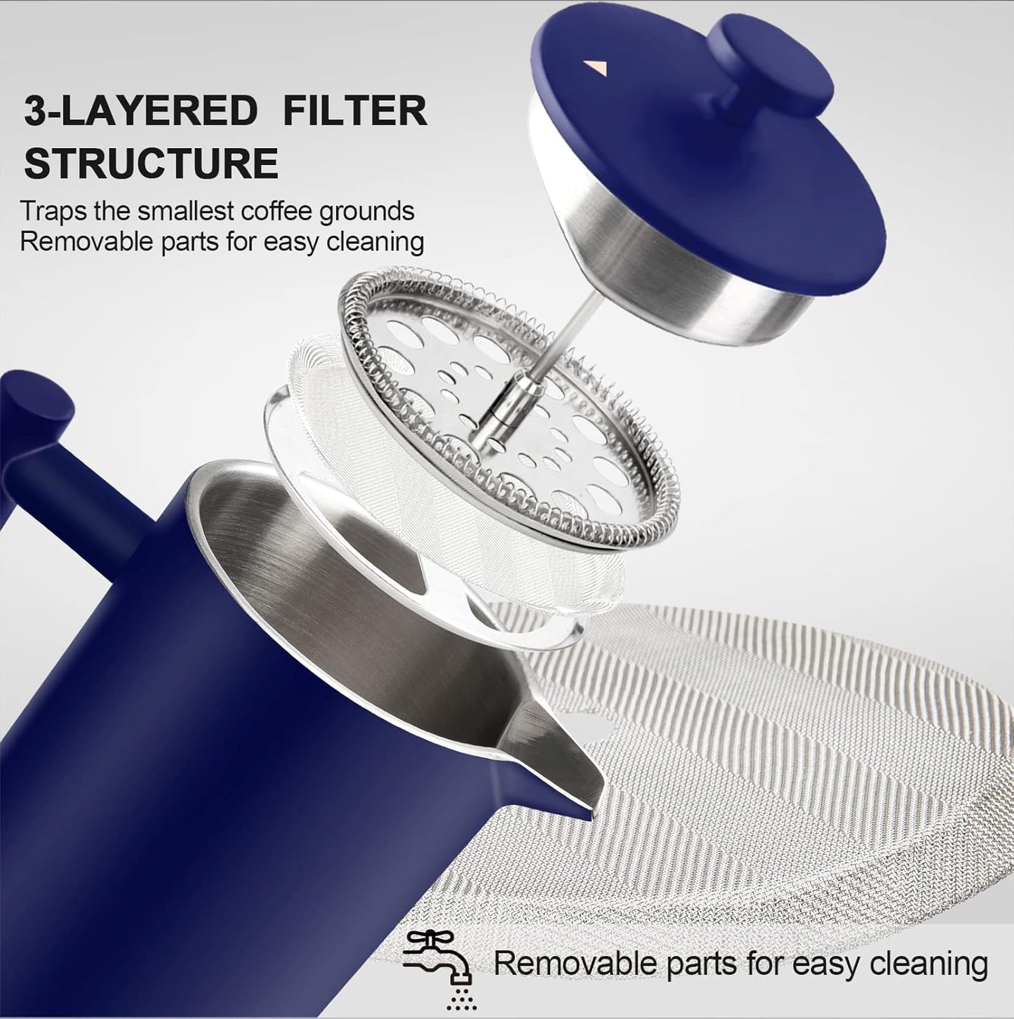 Secura French Press Coffee Maker, Double-Wall 304 Grade Stainless Steel Coffee Press with 2 Extra Screens, 34oz (1L), Blue