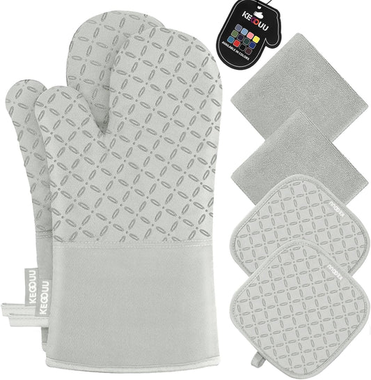 KEGOUU Oven Mitts and Pot Holders 6pcs Set, Kitchen Oven Glove High Heat Resistant 500 Degree Extra Long Oven Mitts and Potholder with Non-Slip Silicone Surface for Cooking （Greenish Gary）