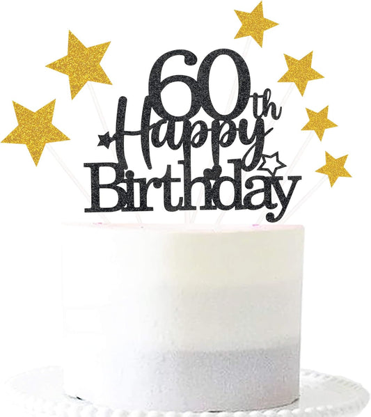 Glittery 60th Happy Birthday Cake Topper with Star,Personalised 60 Birthday Cake Toppers Party Decorations Party Supplies for Men Women Black Gold