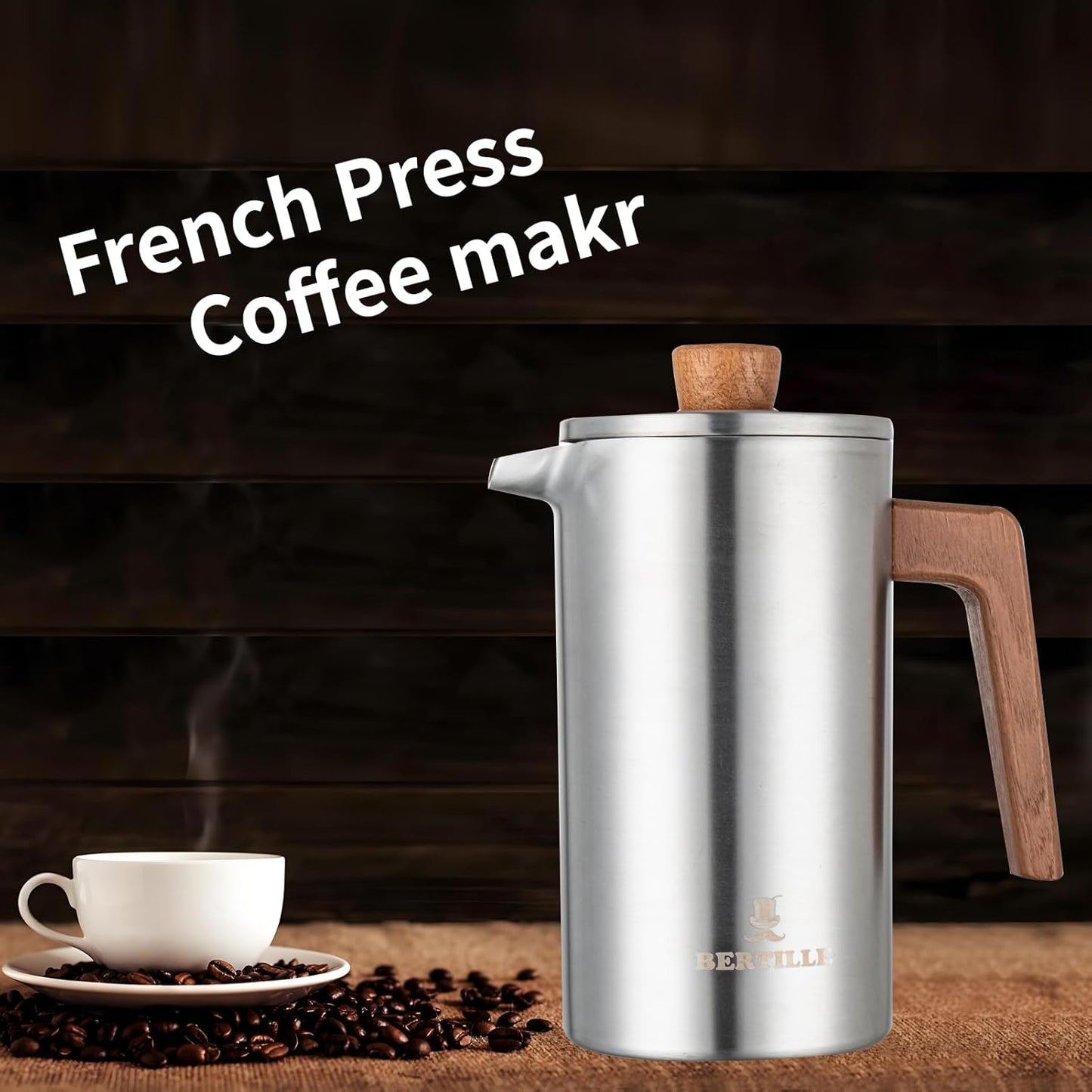 BERTILLE french press coffee maker, 34OZ 304 food stainless steel French press coffee maker with solid wood handle, double-layer insulation and 3-layer filtration system (silver)