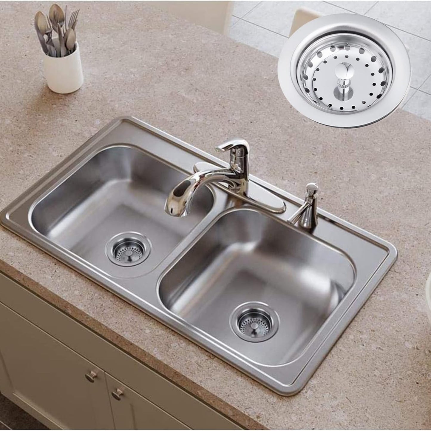 Artiwell 2-Pack Kitchen Sink Basket Strainer and Stopper, 3-1/2” Kitchen Drain Assembly with Strainer and Sink Stopper, Kitchen Sink Strainer with Stopper, Chrome Plated