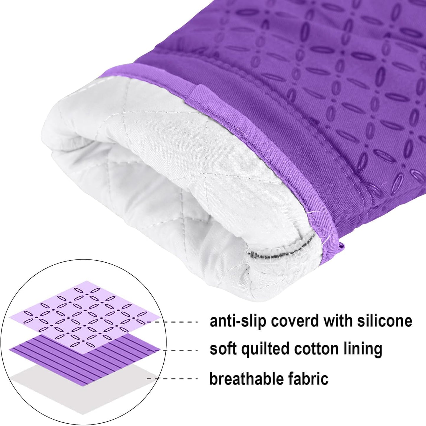 KEGOUU Oven Mitts and Pot Holders 6pcs Set, Kitchen Oven Glove High Heat Resistant 500 Degree Extra Long Oven Mitts and Potholder with Non-Slip Silicone Surface for Cooking (Purple)