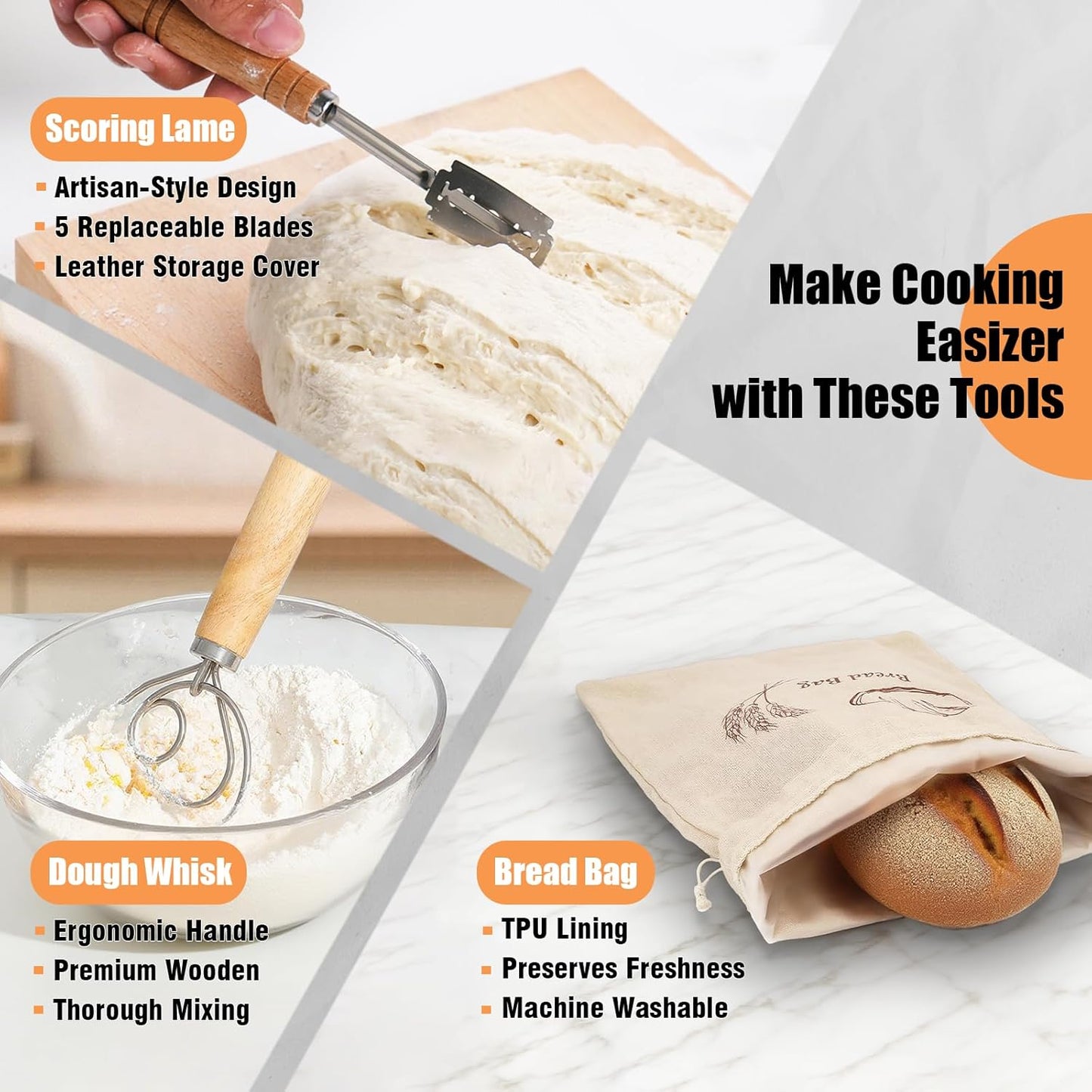 Round & Oval Banneton Bread Proofing Basket set, Sourdough Starter Kit With Bread Storage Bag, Dough Whisk, Scoring Lame, 2 Scrapers, Cleaning Brush, Sourdough Baking Supplies for baker