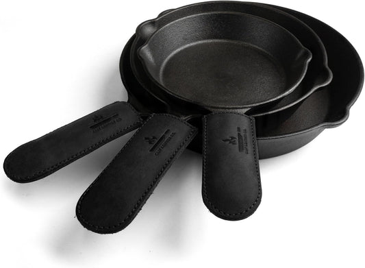 Leather Skillet Handle Cover for Cast Iron Skillets, Heat Resistant Pan Handle Covers (Charcoal Black)