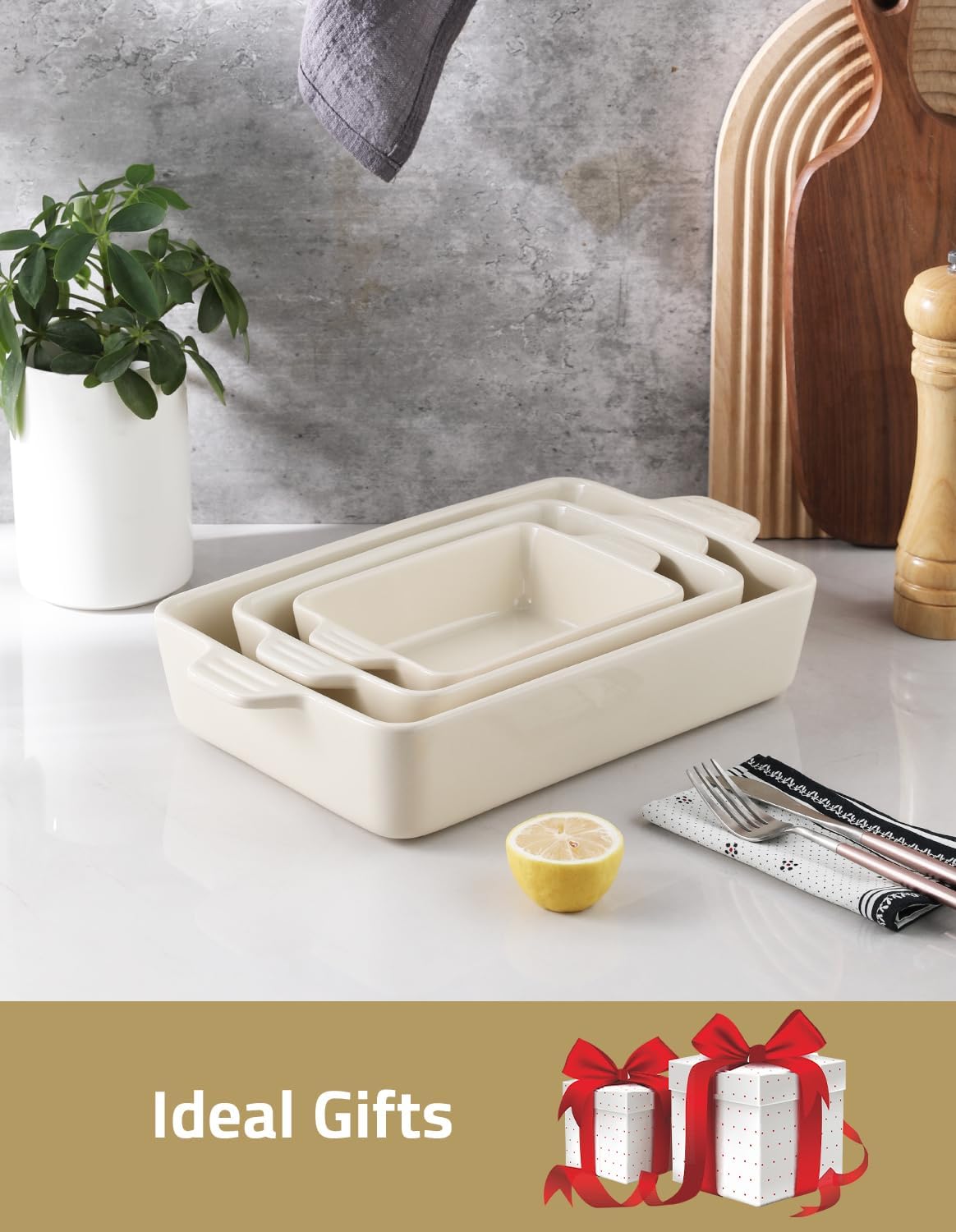 Sweejar Ceramic Bakeware Set, Rectangular Baking Dish for Oven Lasagna Pans for Cooking, Kitchen, Cake Dinner, Banquet and Daily Use, 11.8 x 7.8 x 2.76 Inches of Casserole Dishes (Beige)