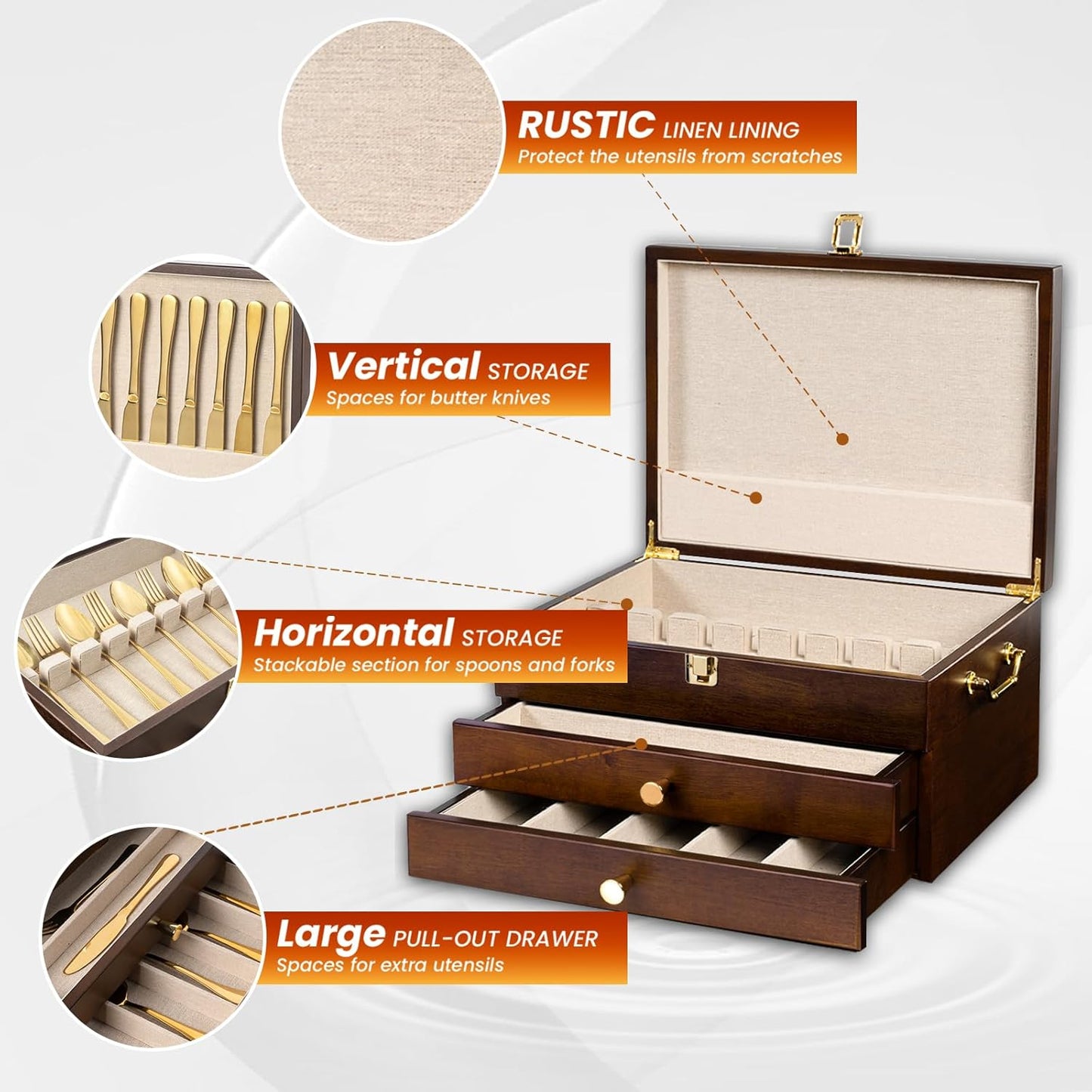 Silverware Storage Box, 3-Layer Flatware Storage Case with Drawer, Wooden Silverware Chest with Handle and Linen Liner, Rustic Silverware Case for Storing Fine Flatware and Utensils (Walnut)