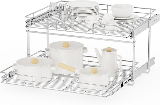 ROOMTEC Individual Pull Out Cabinet Organizer (28½" W x 21½" D), 2 Tier Spice Rack Organizer for Cabinet, Slide Out Drawer Pantry Shelf Organization and Storage for Kitchen Bathroom