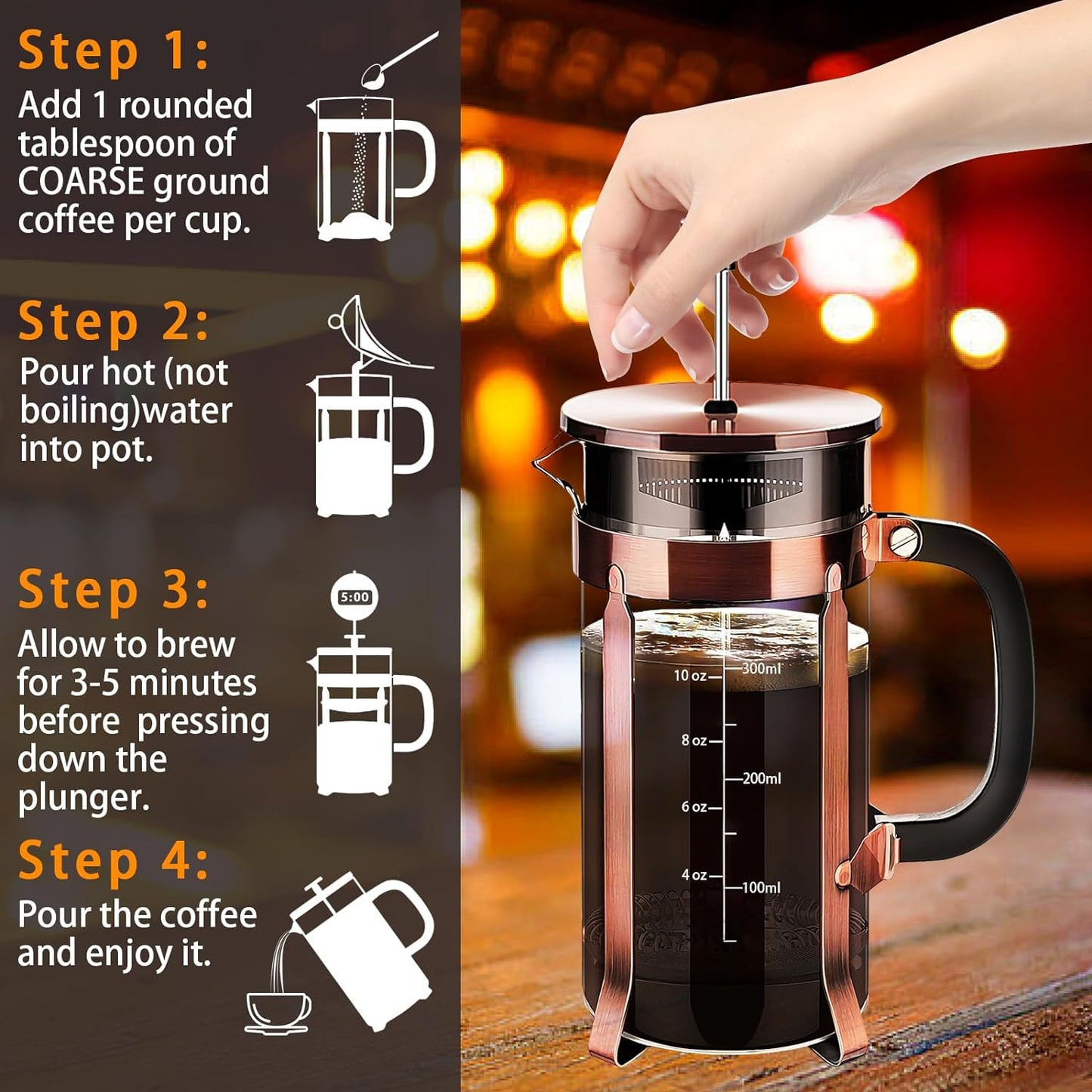 French Press Coffee Maker 304 Stainless Steel Coffee Press,with 4 Filters System, Heat Resistant Thickness Borosilicate French Press Glass, BPA-Free Brewed Tea Pot Coffee Plunger(Copper 12oz)