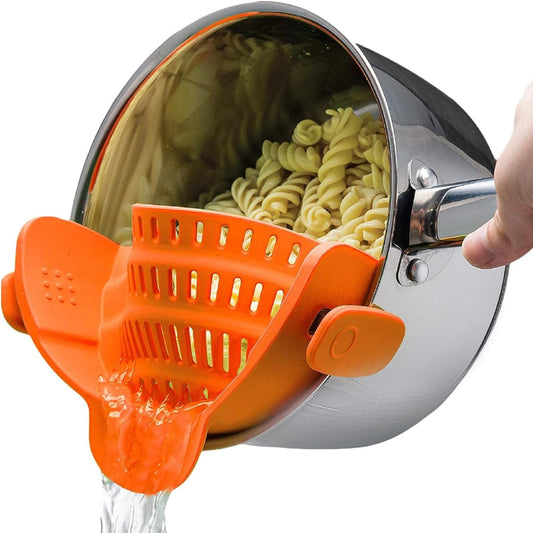 Kitchen Gizmo Snap N Strain Clip On Strainer for Pots and Pans - Adjustable Silicone Colander for Kitchen - Compact Clip-On Food Strainer for Draining Pasta and Vegetables - Orange