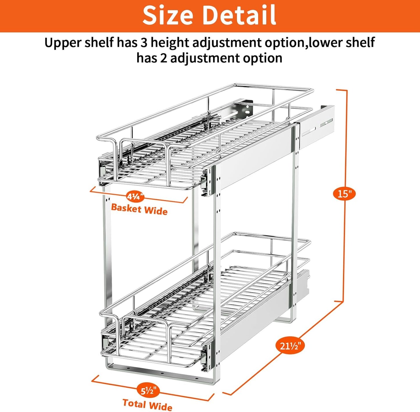 ROOMTEC Individual Pull Out Cabinet Organizer (5½"W x 21½"D), 2 Tier Spice Rack Organizer for Cabinet, Slide Out Drawer Pantry Shelf Organization and Storage for Kitchen Bathroom