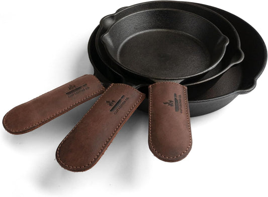 Leather Skillet Handle Cover for Cast Iron Skillets, Heat Resistant Pan Handle Covers (Bourbon Brown)