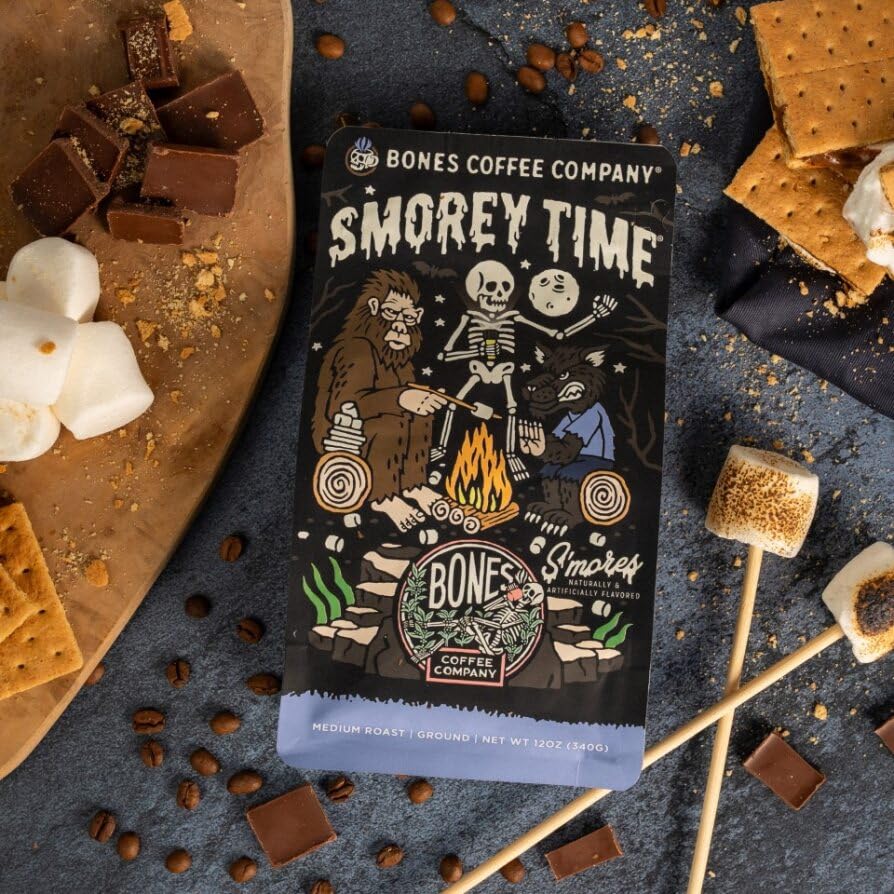 Bones Coffee Company S'morey Time, S'mores and Graham Crackers Flavored Coffee, Medium Roast Low Acid Arabica Beans Compatible with Auto drip and French Press Coffee Maker, 12 Oz Ground