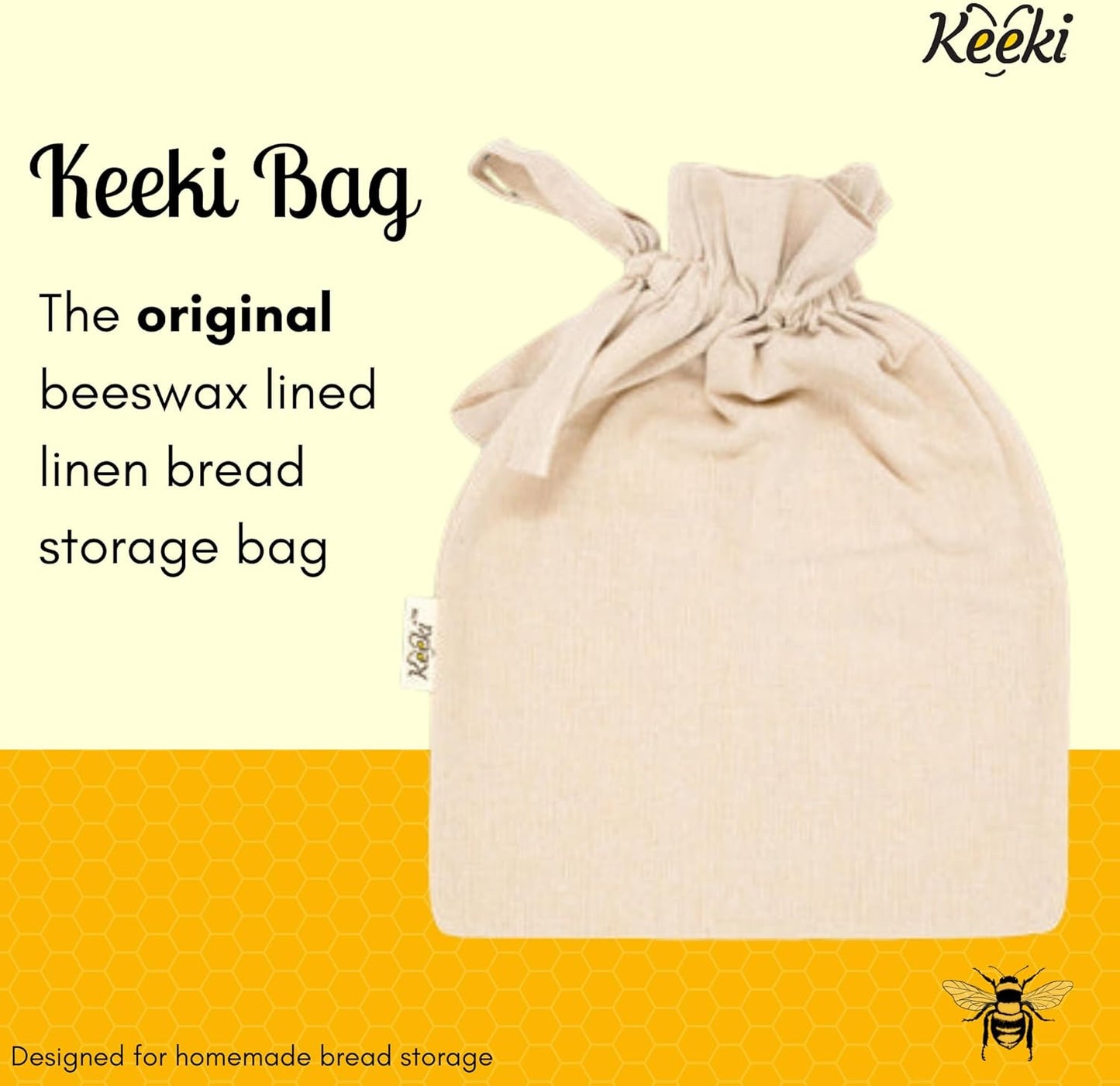 Keeki Bag - The Original Beeswax Lined Bread Bag for Homemade & Sourdough | Reusable Linen Bread Storage | Beeswax Wrap Alternative | Plastic-Free Storage w/Wide Drawstring Closure (Natural)