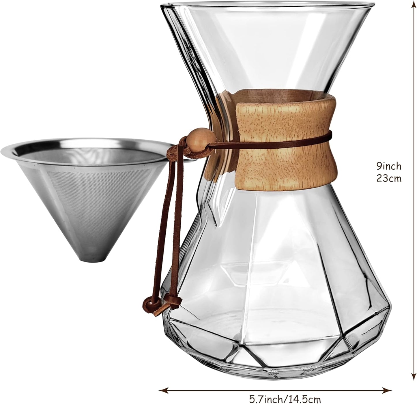 AGOGO Pour Over Coffee Maker Glass - 6/8/10 Cup Barista Kit with 304 Stainless Filter for Home, Office, Camping, Cafes - Easy Clean Coffee Dripper Set (Rag&Brush Included) (10 Cup/34 oz-Diamond Shape)