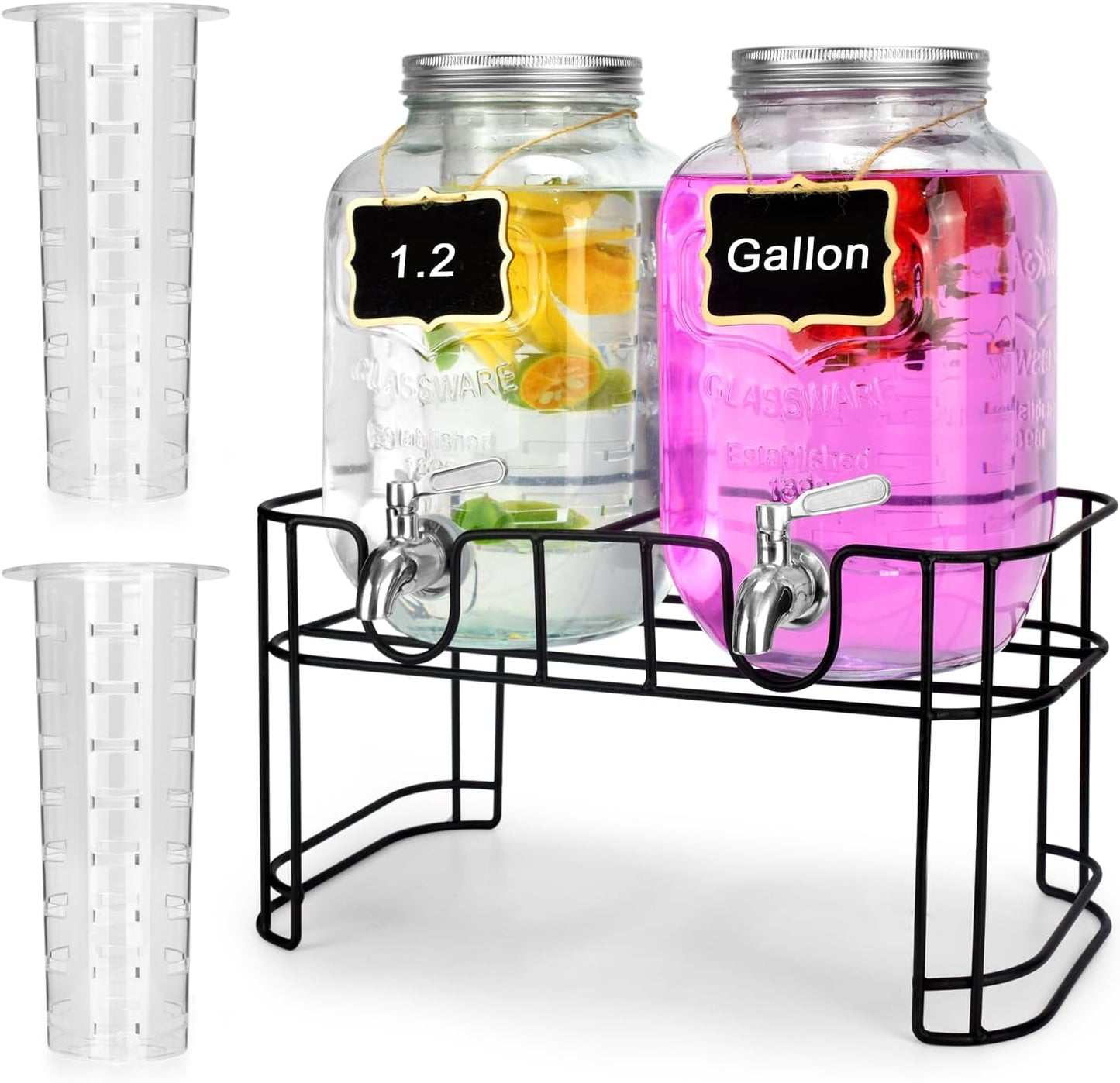 DD&HAPP Glass Drink Dispensers For Parties. 1.2 Gallon Beverage Dispenser With Stand And Stainless Steel Spigot .Lemonade Dispenser With Ice Cylinder.Mason Jars,Laundry Detergent Dispenser.
