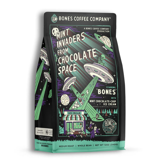 Bones Coffee Company Mint Invaders, Mint Chocolate Chip Flavored Coffee, Medium Roast Low Acid Arabica Beans Compatible with Auto drip and French Press Coffee Maker, 12 Oz Whole Bean