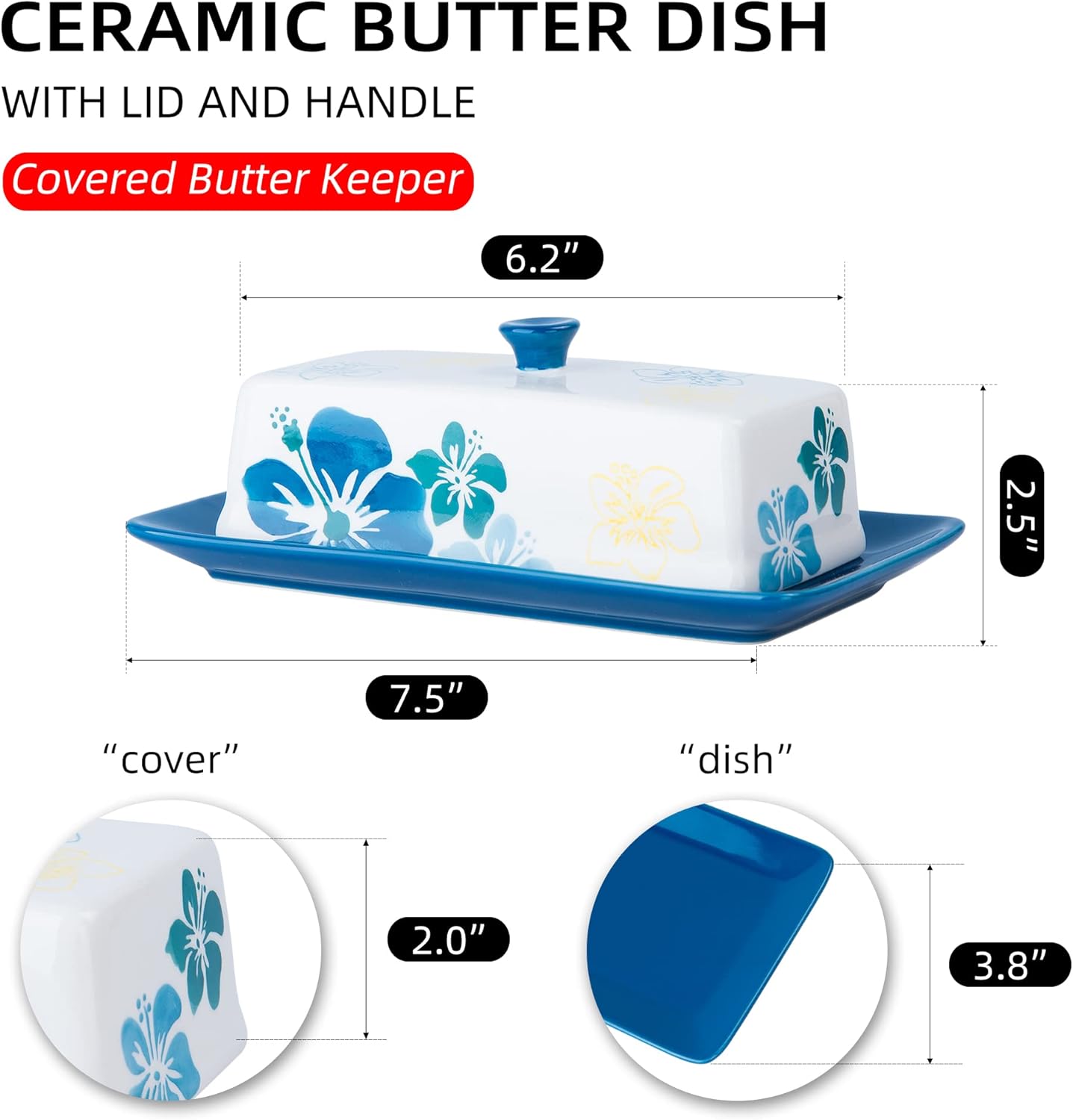 Butter Dish Ceramic Butter Keeper Butter Dish with Lid, Butter Container, Blue