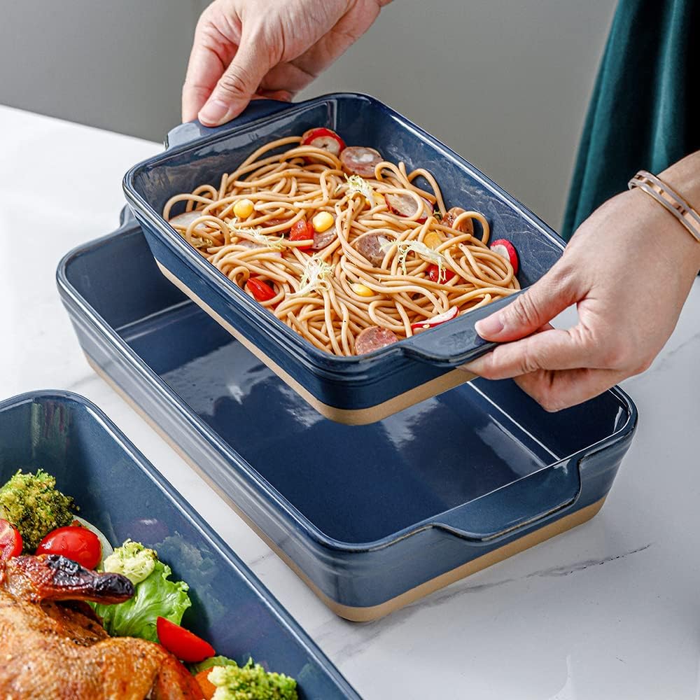 HVH Baking Dish Set, 9x13 Baking Dish, Large Casserole Dish Set, Ceramic Lasagne Pan Deep, Baking Dishes for Casseroles 13 x 9, Ceramic Bakeware Set of 3, Farmhouse Style (Blue)