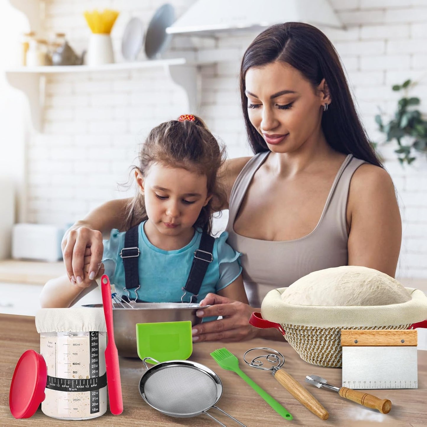 HASHMUST Banneton Bread Proofing Basket Kit, Sourdough Starter Jar Set, 9'' Round 10" Oval Fermentation Bowls Homemade Baking Supplies, Tools with Dough Whisk Cutter Lame Scraper Brush Scraper Bags