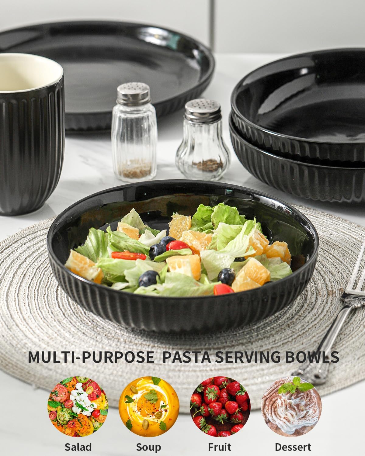 Hasense Pasta Bowls Set of 4, 30 oz Porcelain Dinner Bowls, Salad Bowls for Kitchen, Wide and Shallow Plates, Ideal Home Decor for Mother's Day Present, Microwave & Dishwasher, Oven Safe, Black