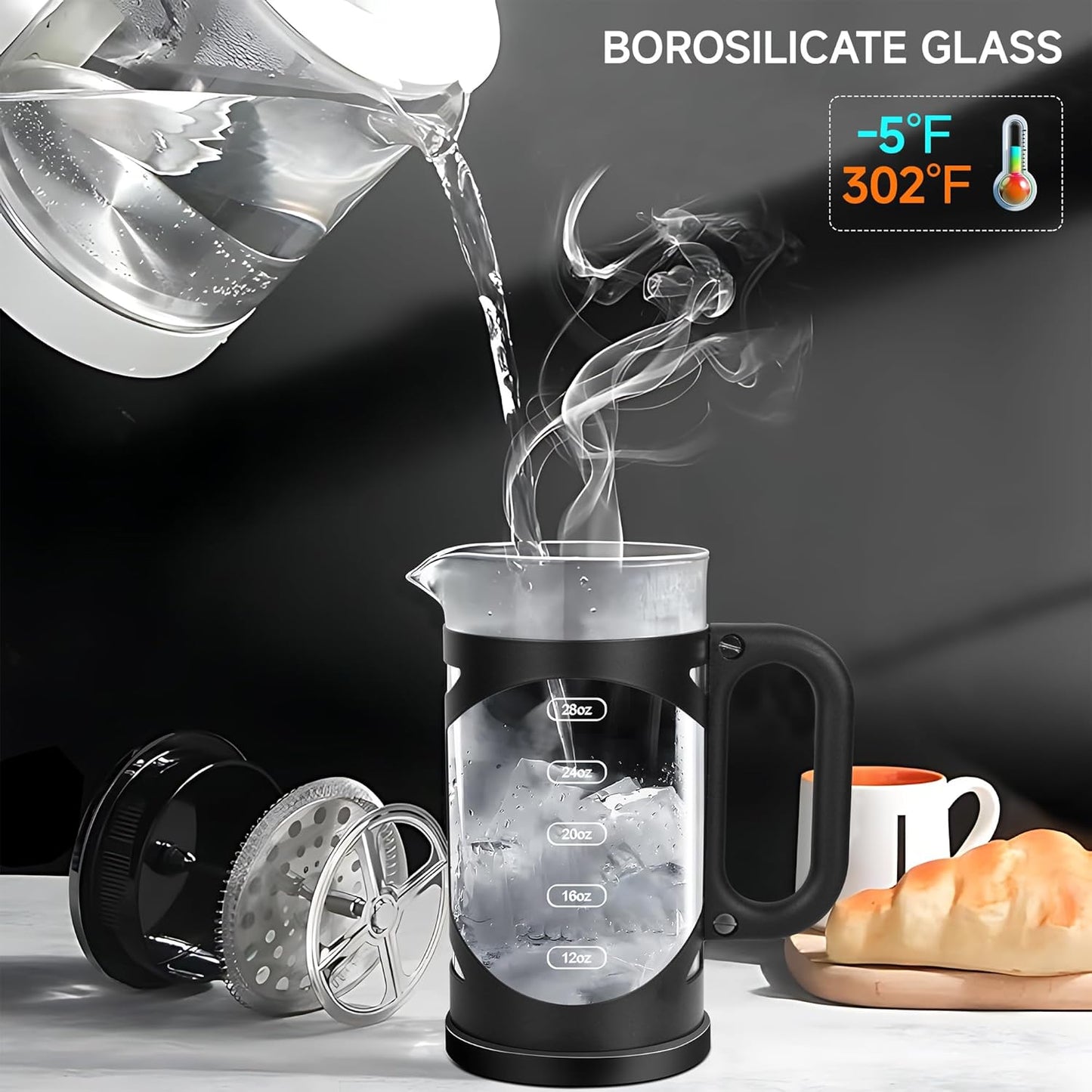 34 Ounce French Press Coffee Maker Black Stainless Steel Coffee Press, with 4-Level Filter System, Heat Resistant Thickness Borosilicate Glass, BPA-Free Brewed Coffee Pot for Camping Gifts