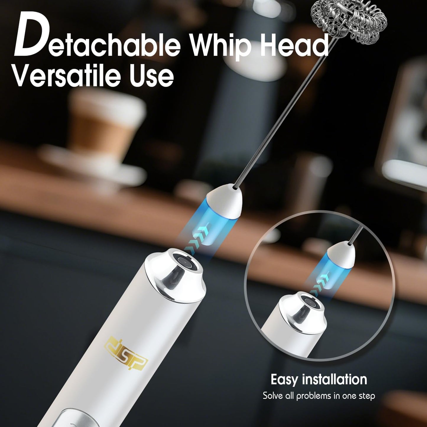 DSP Handheld Milk Frother Rechargeable, Electric Whisk for Coffee, 2 Stirring Rods 3 Speed Adjustable, Low Noise Drink Whisk for Lattes, Matcha, Hot Chocolate, Egg (Blizzard White)