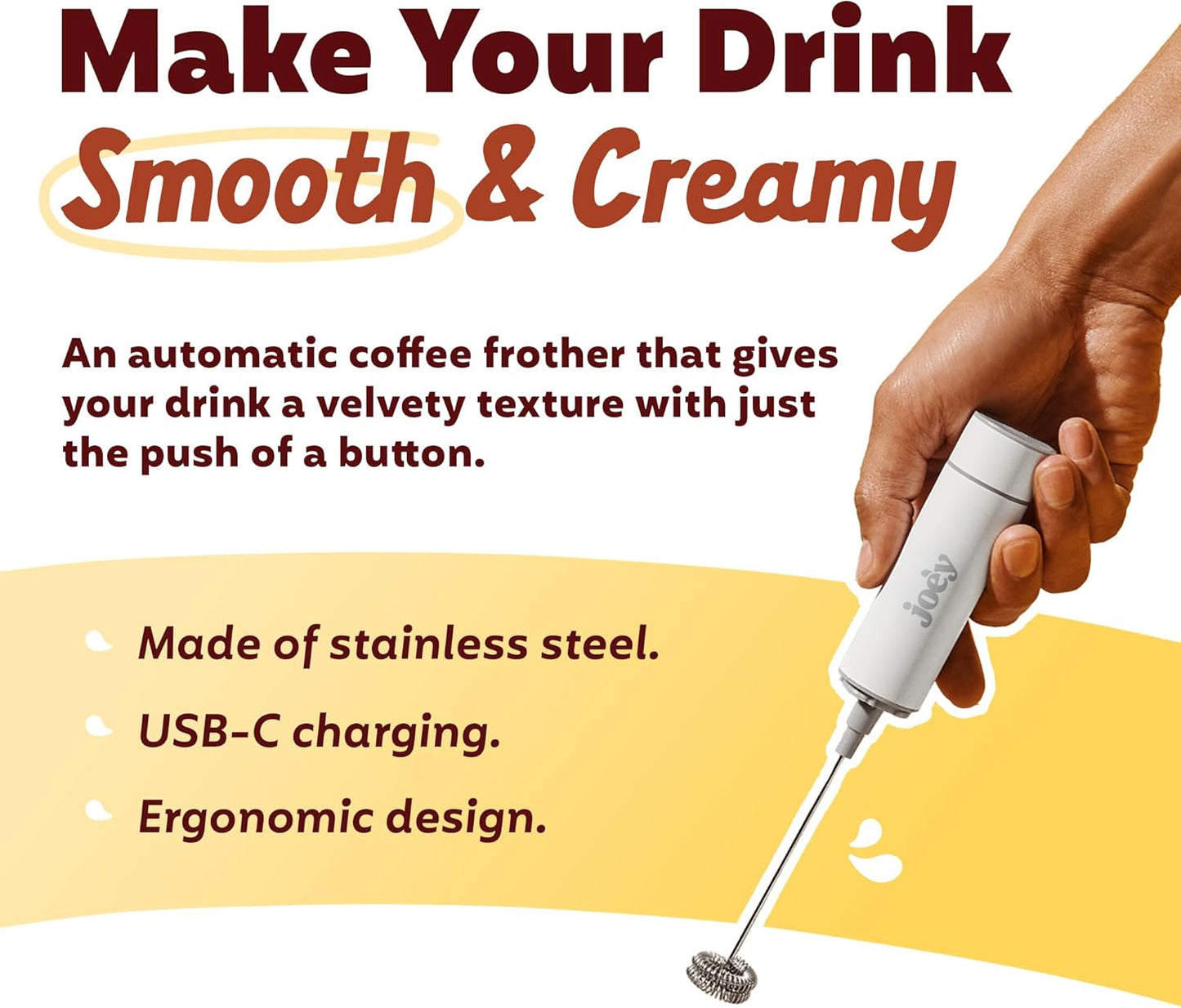 Joe’y High-Grade Milk Frother, USB-Powered Handheld Whisk for Coffee, Lattes, Matcha, Hot Chocolate, Dual-Speed Stainless Steel Frothing Wand with Travel Case, Double-Whisk, White