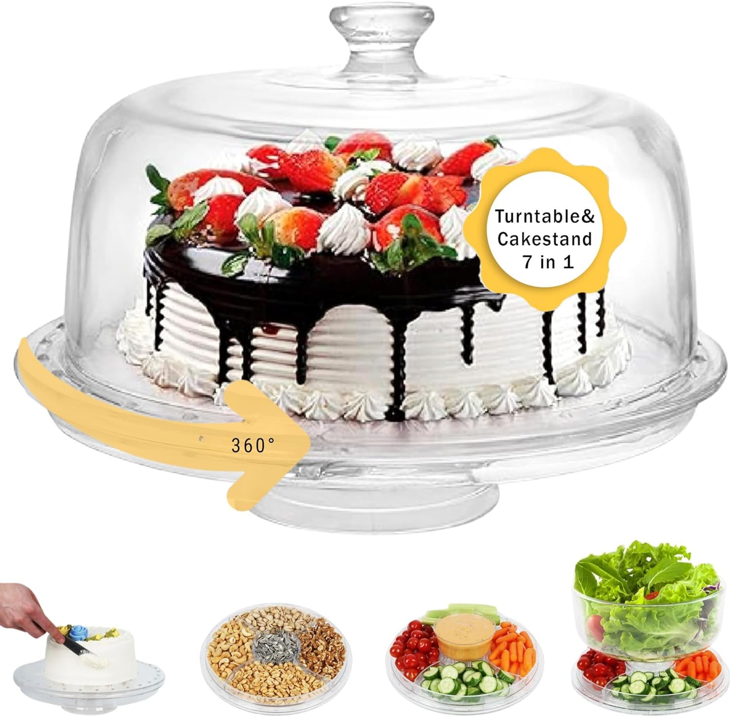 7 in 1 Rotating Multifunctional Acrylic Cake Stand with Lid & Cake Turntable for Decorating (12") - Turntable Decorating Kit Serving Salad Bowl/Veggie Platter/Punch Bowl/Desert Platter - BPA Free