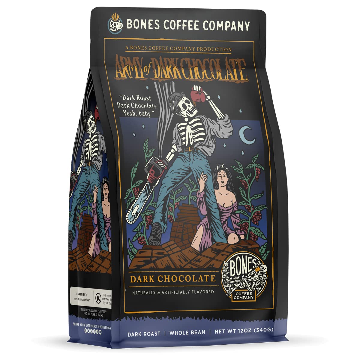 Bones Coffee Company Army of the Dark Chocolate Flavored Coffee, Medium Roast Low Acid Arabica Beans Compatible with Auto drip and French Press Coffee Maker, 12 Oz Whole Bean
